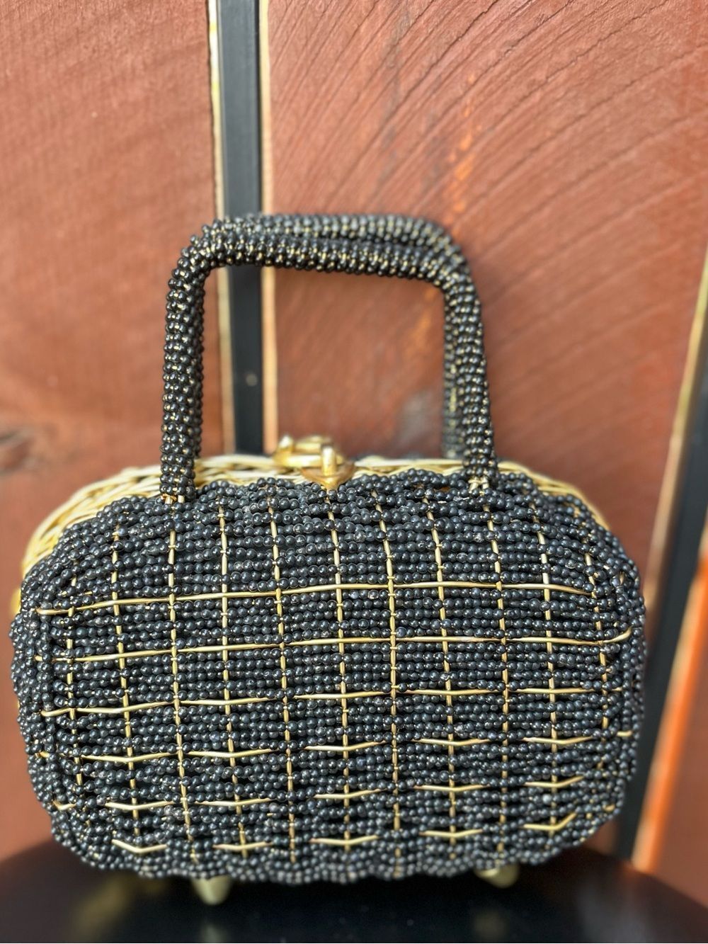 Vintage walborg beaded black and gold metal purse